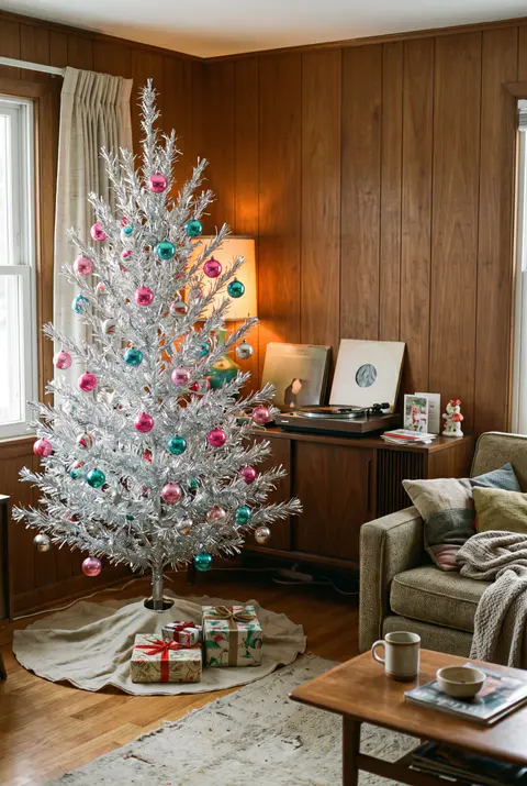 1960s silver aluminum Christmas tree with pink and turquoise ornaments in a retro living room with a mid-century sofa