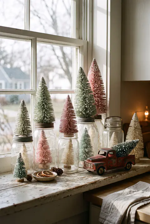 Faded green, pink and white bottle brush trees inside old glass jars next to a small toy truck carrying a tree on a windowsill