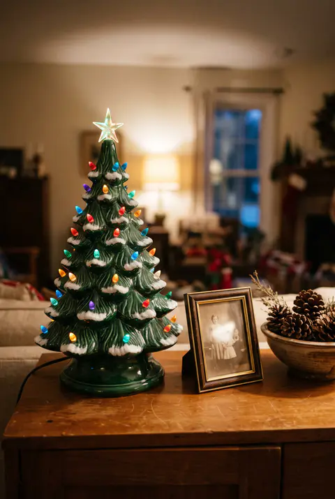 Vintage-style green ceramic Christmas tree with glowing multicolored bulbs on a wooden sideboard next to an old family photo