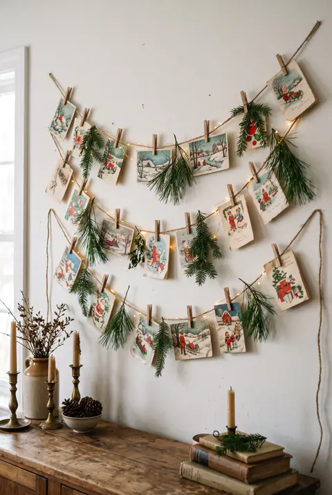 Old Christmas cards clipped with small wooden clothespins to a twine garland above a sideboard with greenery and warm lights