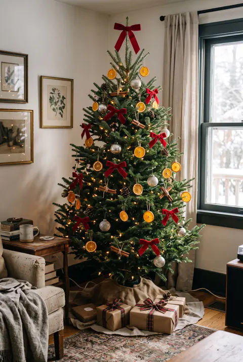 Christmas tree decorated with dried orange slices, small red velvet bows, cinnamon stick bundles and plain glass ornaments