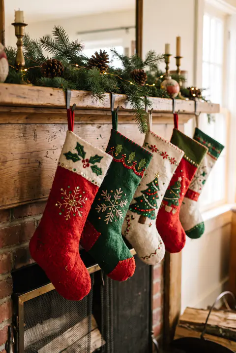 Handmade vintage-style felt Christmas stockings with embroidery and sequins in red, green and white hanging from a wooden mantel