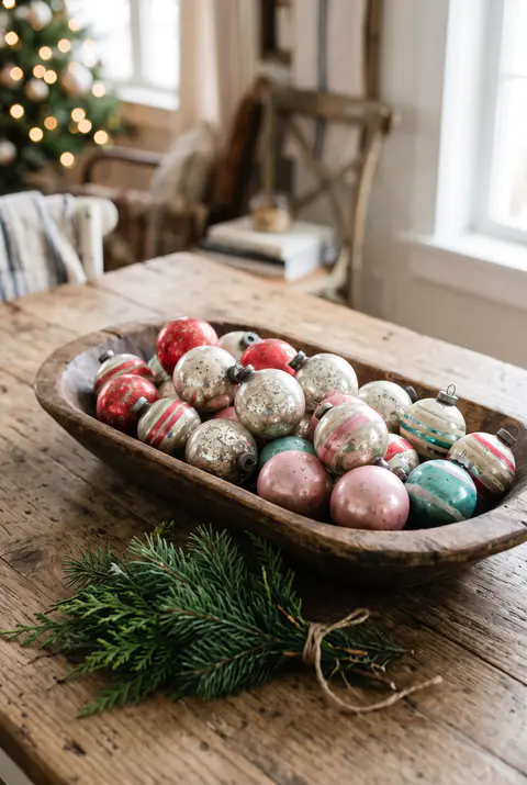 Wooden dough bowl filled with vintage-style mercury glass and striped glass ornaments in faded red, silver, pink and turquoise