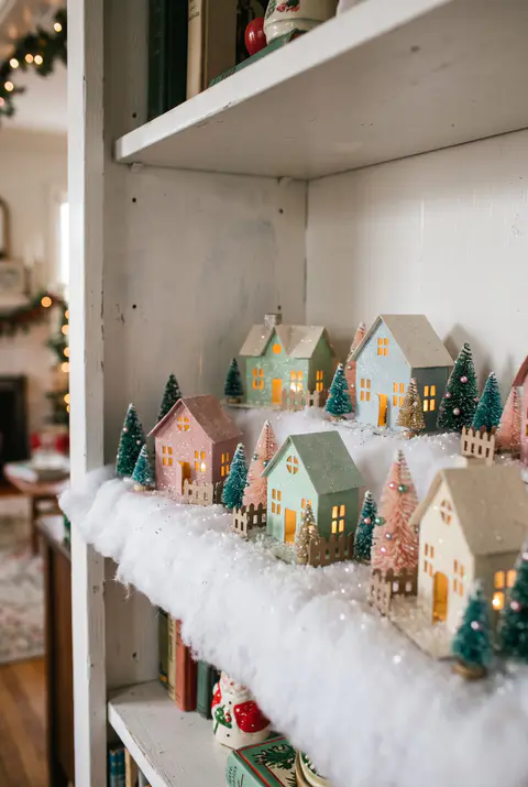 Vintage-style village of pastel cardboard glitter houses with tiny bottle brush trees on cotton snow along a white bookshelf