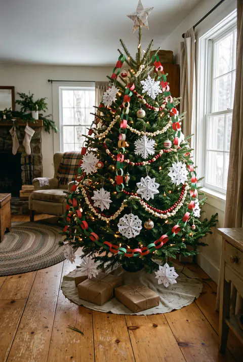 Christmas tree decorated with handmade red and green paper chains, popcorn and cranberry garlands and white paper snowflakes