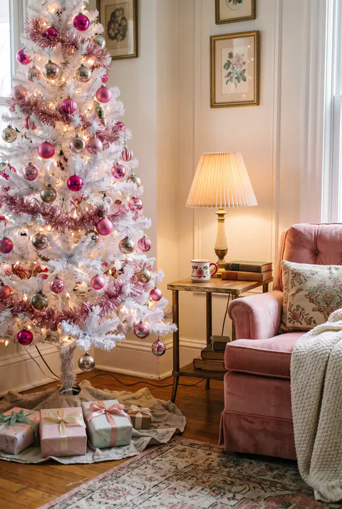 Vintage pink Christmas corner with a white flocked tree, pink and silver glass ornaments, pink tinsel and a pink velvet armchair
