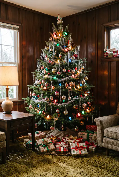 Christmas tree with silver tinsel icicles, large C7 colored bulbs and glass ornaments in a wood-paneled 1960s living room