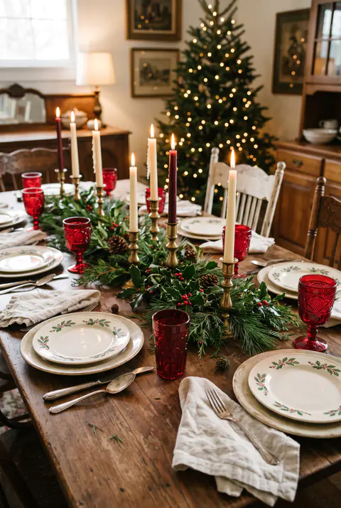 Christmas dinner table set with holly-pattern vintage china, red glass goblets, brass candlesticks and a greenery runner