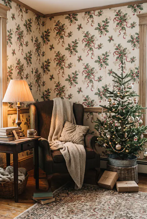 Reading nook with red and green holly and ribbon vintage Christmas wallpaper, a wingback armchair with a knitted throw and a small tree