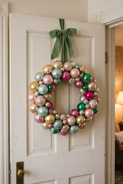 Round wreath made of vintage-style glass ball ornaments in pastel and jewel colors on a painted wooden door with a velvet ribbon