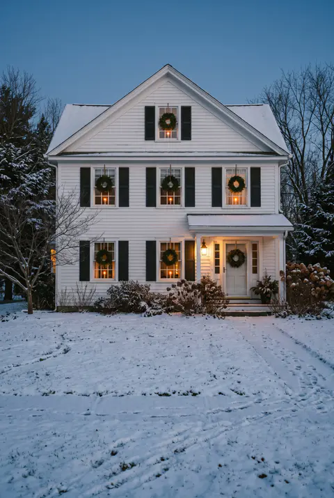 White colonial house at dusk with a glowing electric candle and a wreath in every window and light snow on the ground
