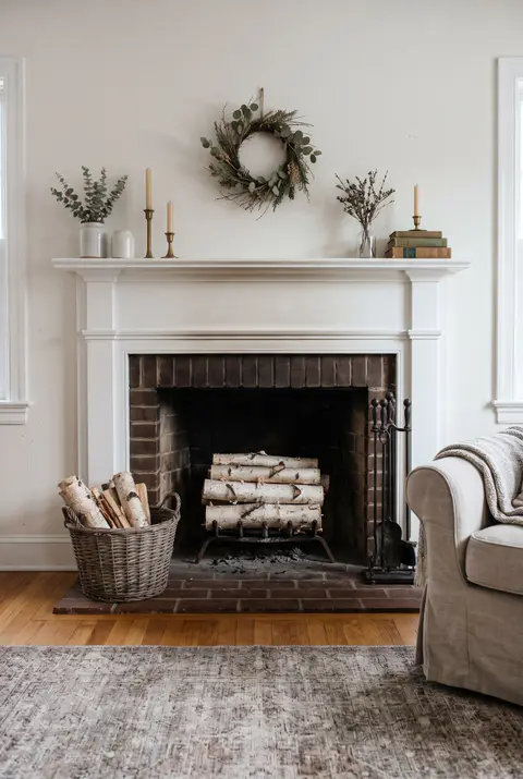 Unlit fireplace with a neat stack of white birch logs in the firebox and a basket of birch logs on the hearth