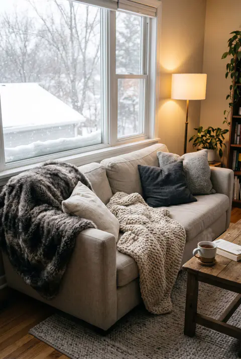 Sofa layered for winter with a faux fur throw, chunky knit blankets and cream and gray pillows, with snow falling outside