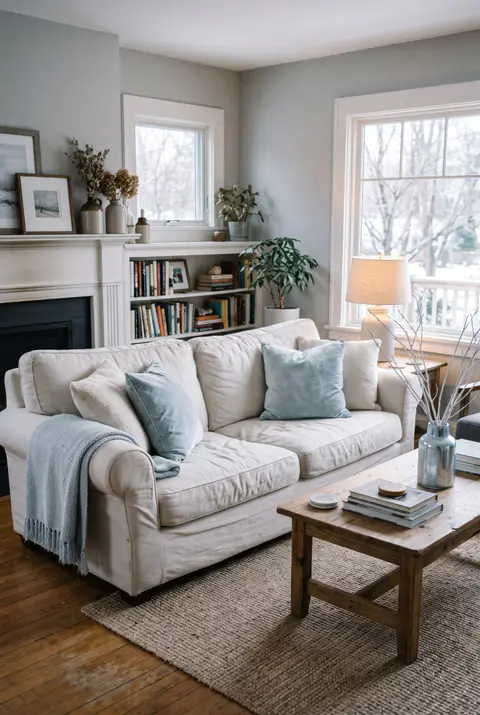 Winter living room with pale blue velvet pillows, a light blue throw, silver-blue glass vases with white branches and a white sofa
