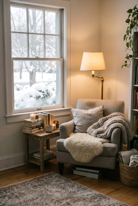 Hygge reading corner with an armchair with a sheepskin and knit throw, a glowing floor lamp, books and candles by a snowy window