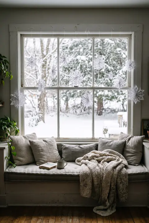 White paper snowflakes in different sizes hanging on threads in a large window above a window seat, with snowy trees outside
