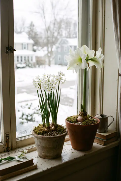 White paperwhites and a white amaryllis blooming in pots on a windowsill with their bulbs set in moss and a snowy view outside