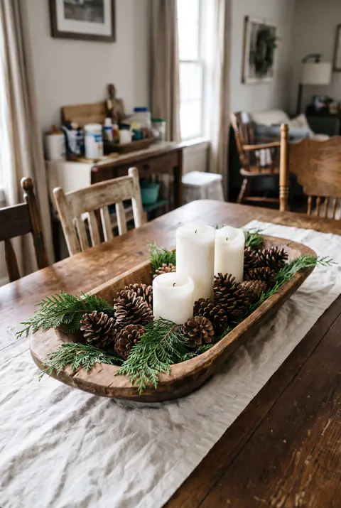 Wooden dough bowl on a dining table filled with pinecones, cedar sprigs and three white pillar candles in soft winter light