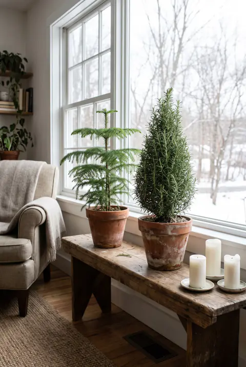 Small Norfolk Island pine and rosemary topiary in terracotta pots on a wooden bench by a bright window with white candles
