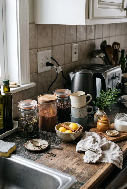 Winter tea and coffee station on a kitchen counter with a kettle, glass jars of tea and cocoa, mugs, lemons and cinnamon sticks