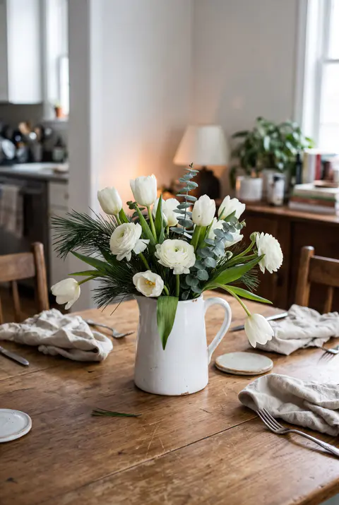 Winter centerpiece of white tulips and ranunculus with pine and eucalyptus in a low white pitcher on a wooden table