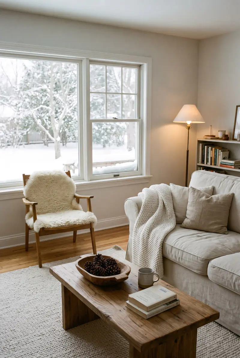 Calm winter living room in white and natural wood with a cream sofa, a white knit throw, a sheepskin chair and a bowl of pinecones