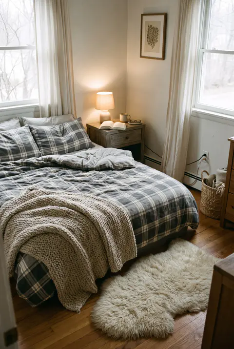 Cozy winter bedroom with gray and cream plaid flannel bedding, a chunky knit blanket, a sheepskin rug and a glowing lamp