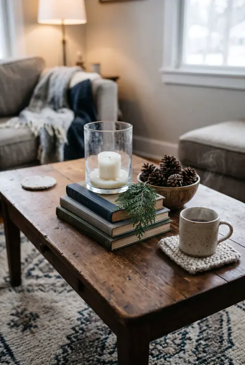 Coffee table styled for winter with a stack of books, a candle in a glass hurricane, a bowl of pinecones, a cedar sprig and a mug