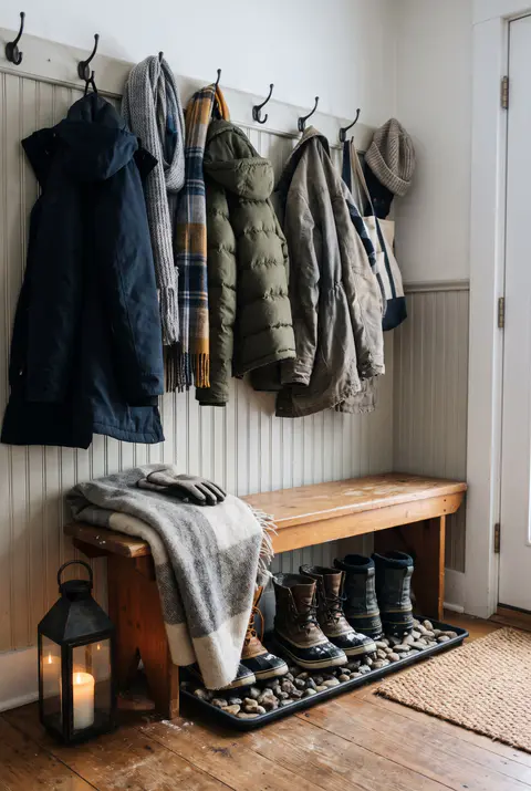 Winter entryway with a boot tray filled with river rocks holding snow boots, a bench with a wool blanket and coats on wall hooks