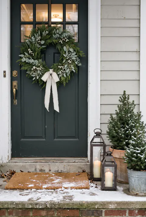 Front door with a winter wreath of eucalyptus, cedar and white berries tied with cream linen ribbon, lanterns and potted evergreens