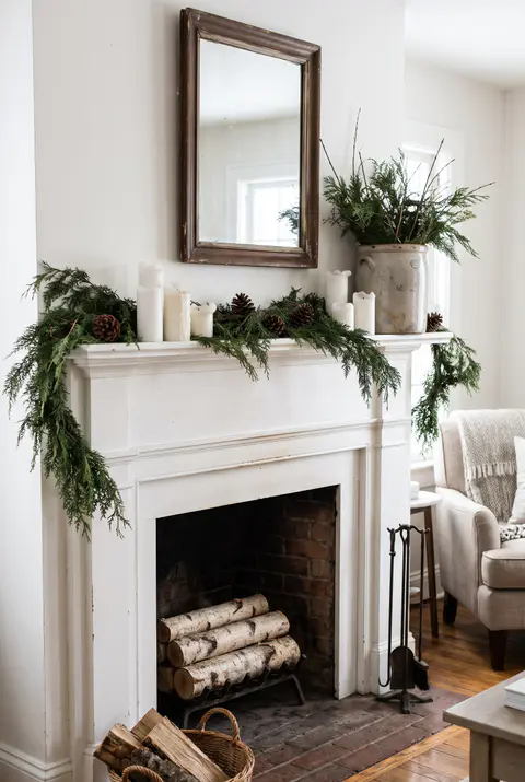 White fireplace mantel styled for winter with a loose cedar garland, white pillar candles, pinecones and a stoneware crock of greenery