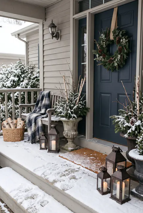 Front porch styled for winter with potted evergreens and birch branches in urns, a plaid blanket on a bench, lanterns and fresh snow