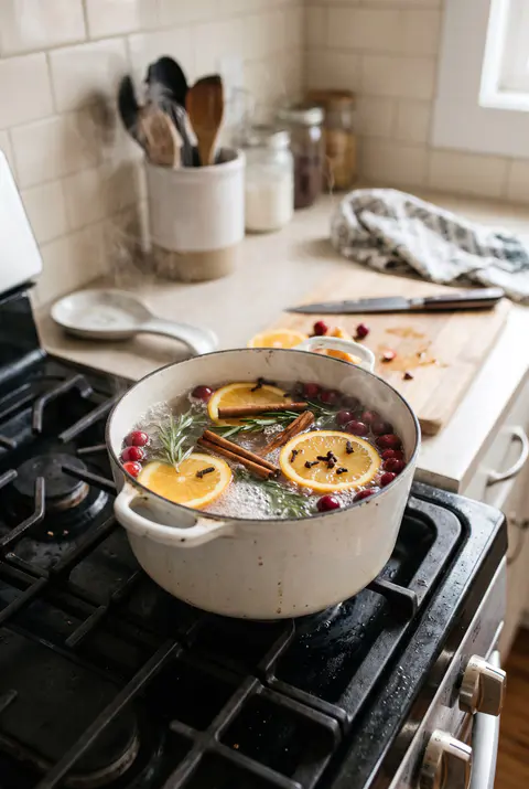 Simmer pot on a kitchen stove with orange slices, cinnamon sticks, cloves, rosemary and cranberries in a white enamel pot
