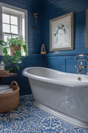 A bathroom floor adorned with blue and white mosaic tiles, arranged in a stunning Mediterranean-inspired pattern.
