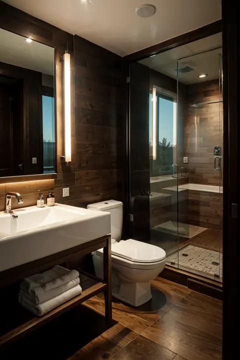 A cozy bathroom featuring Luxury Vinyl Plank flooring with a rich, wood-like finish