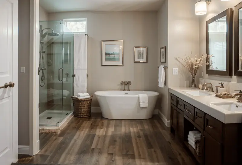 A cozy bathroom featuring Luxury Vinyl Plank flooring with a rich, wood-like finish.