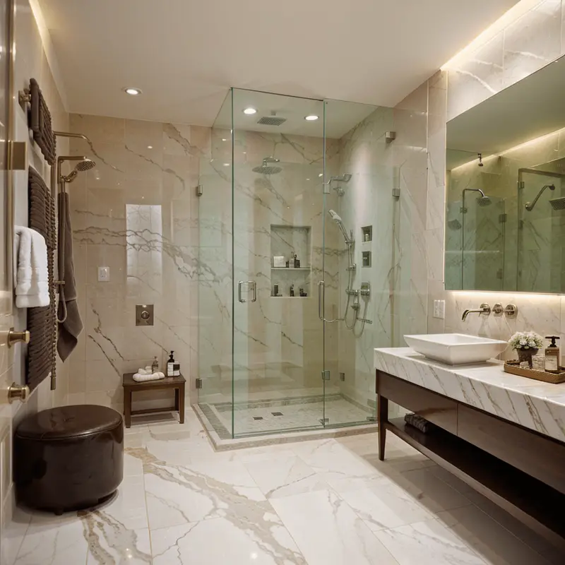 A luxurious bathroom with sleek marble stone flooring extending into the shower area.