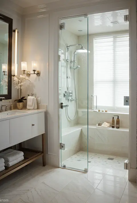 A modern ceramic and porcelain tiles bathroom with shower