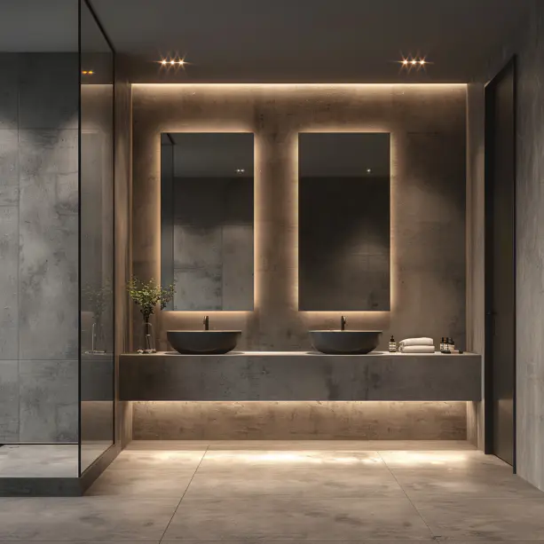 An industrial-style bathroom with polished concrete flooring