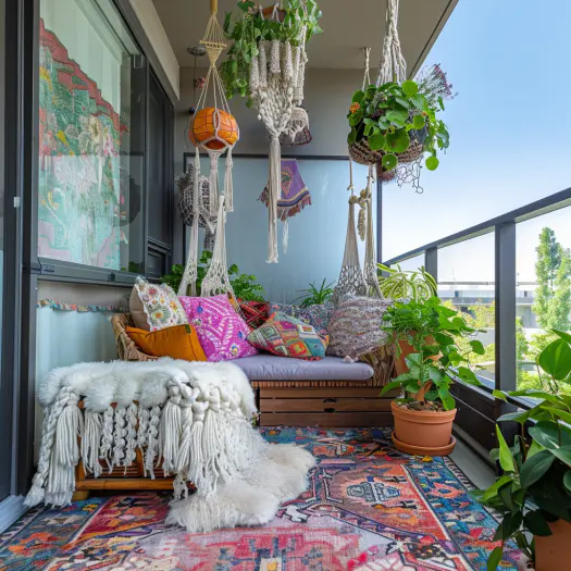 Boho Chic balcony, colorful garden, macramé plant holders