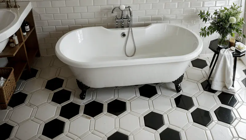 Contemporary bathroom with white and black hexagonal tiles arranged in a striking pattern.