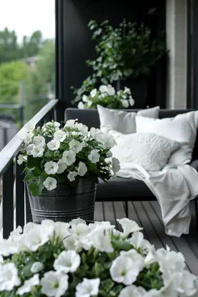Monochrome balcony garden, white petunias, grey foliage, sophisticated furnishings, metallic planters..