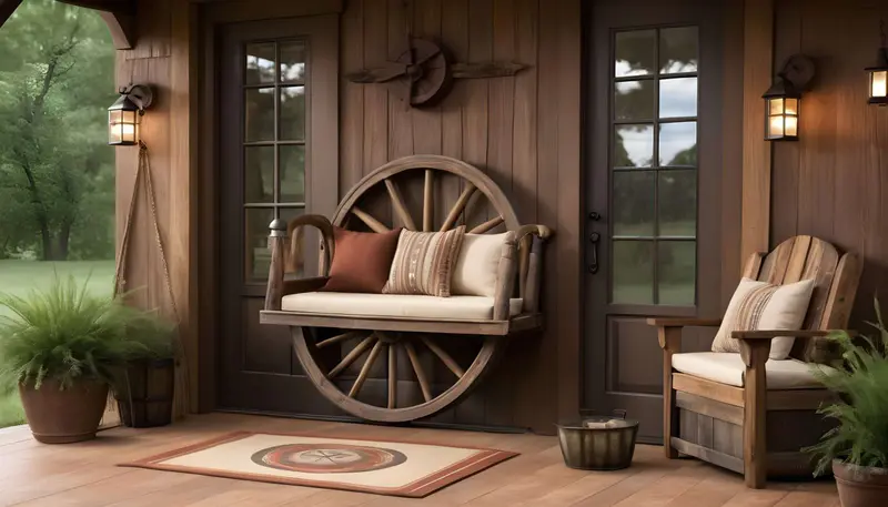 Rustic Elegance with a Hanging Lantern and Wagon Wheel Bench