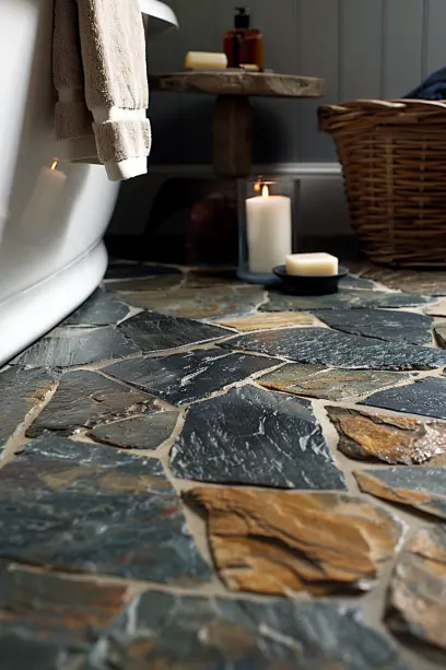 Slate tile flooring, bathroom, rugged texture, earthy colors, slip-resistant