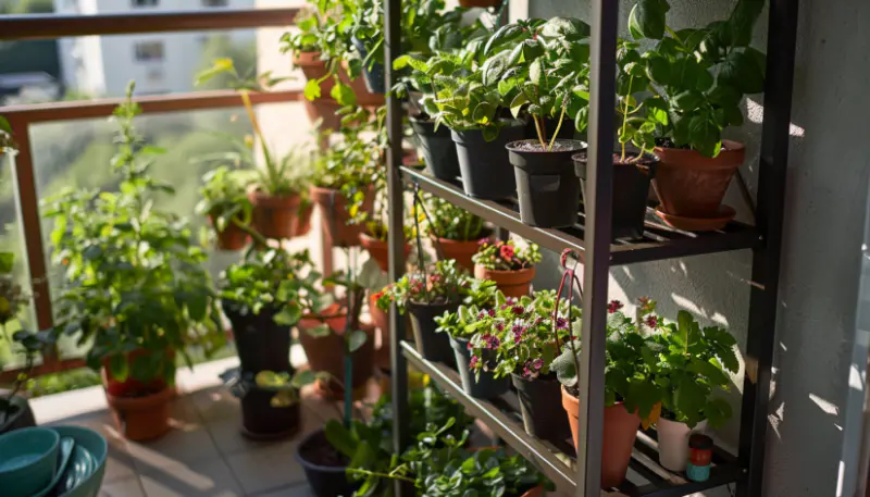 balcony garden, plant stands, tiered stands, sun exposure, depth in garden..