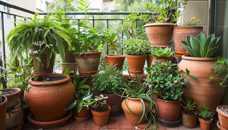 balcony garden, potted plants, ferns, succulents, small shrubs, colorful pots