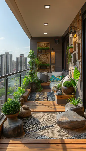 balcony garden, weather-resistant art, stone sculptures, metal art, durable paintings...