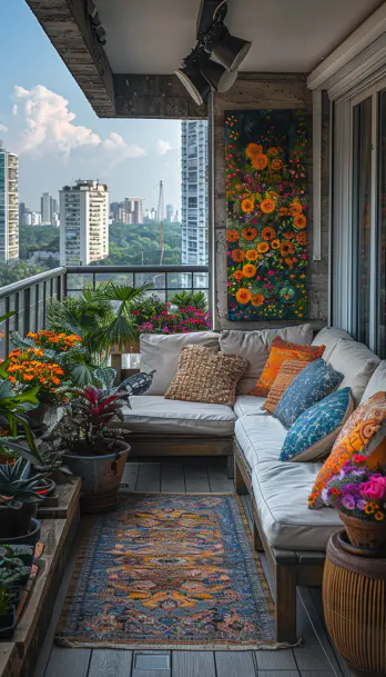 balcony garden, weather-resistant art, stone sculptures, metal art, durable paintings