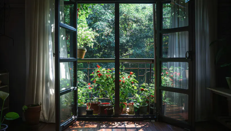 balcony seen from inside the apartment with strawberries, a small plantation made on the balcony