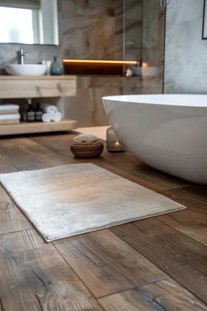 bathroom, engineered wood flooring, humidity resistance, modern fixtures, minimalistic design, water-resistant